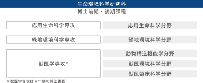 生命環境科学研究科　応用生命科学専攻　緑地環境科学専攻　獣医学専攻