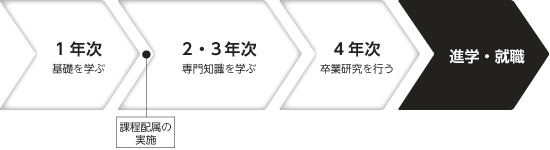 1年次は基礎を学ぶ、2・3年次は専門知識を学ぶ、4年次は卒業研究を行う