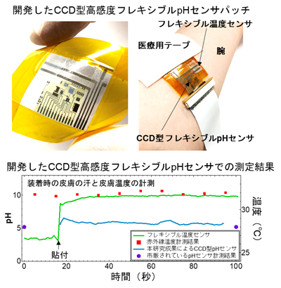 開発したCCD型高感度フレキシブルpHセンサパッチと測定結果の図